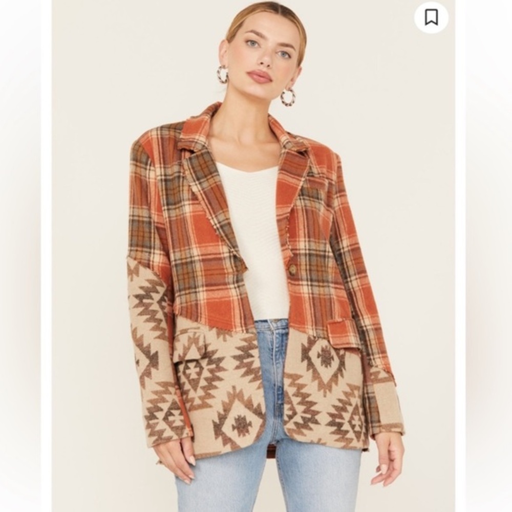 Miss Me Women's Plaid and Aztec Opal Orange Blazer S Western Business Casual EUC